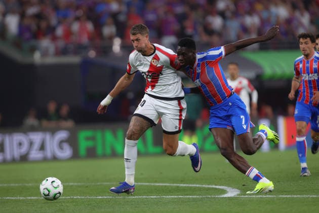 27 05 2026, xtgx, Football UEFA Conference League Final 2026, Crystal Palace Rayo Vallecano v l Yeremy Pino Crystal Palace Florian Lejeune Rayo Vallecano Ismaila Sarr Crystal Palace duel, action, action, battle for the ball UEFA REGULATIONS PROHIBIT ANY USE OF PHOTOGRAPHS as IMAGE SEQUENCES and or QUASI VIDEO Red Bull Arena
