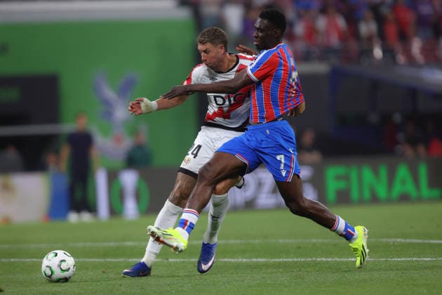 27 05 2026, xtgx, Football UEFA Conference League Final 2026, Crystal Palace Rayo Vallecano v l Yeremy Pino Crystal Palace Florian Lejeune Rayo Vallecano Ismaila Sarr Crystal Palace duel, action, action, battle for the ball UEFA REGULATIONS PROHIBIT ANY USE OF PHOTOGRAPHS as IMAGE SEQUENCES and or QUASI VIDEO Red Bull Arena