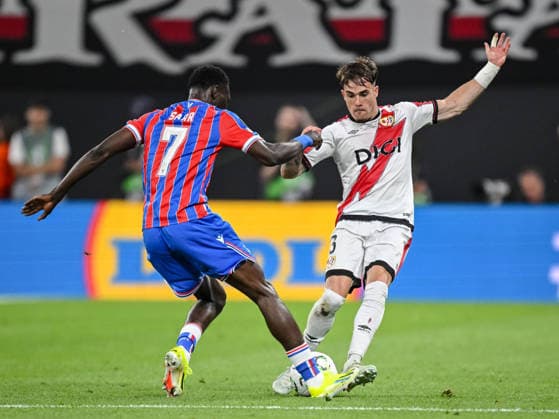 Ismaila Sarr Crystal Palace and Pep Chavarria Rayo Vallecano battle for the ball during the UEFA Conference League Final 2026 match between Crystal Palace FC and Rayo Vallecano de Madrid at Football Arena Leipzig on May 27, 2026 in Leipzig, Germany Photo by Harry Langer DeFodi Images