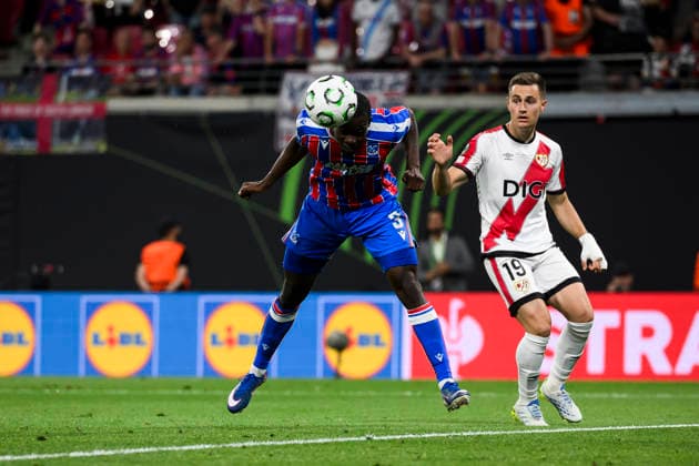 Crystal Palace FC v Rayo Vallecano de Madrid - UEFA Conference League Tyrick Mitchell of Crystal Palace FC heads the ball during the UEFA Conference League 2025 26 final football match between Crystal Palace FC and Rayo Vallecano de Madrid. Leipzig Germany Copyright: xNicolòxCampox