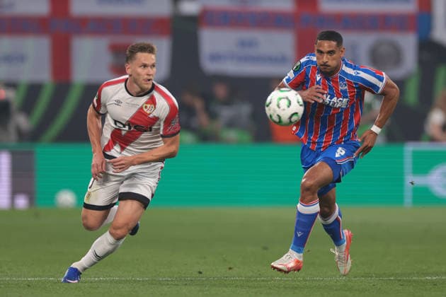 Leipzig, Germany, 27th May 2026. Alemao of Rayo Vallecano and Maxence Lacroix of Crystal Palace FC race for the ball during the Crystal Palace vs Rayo Vallecano UEFA Conference League Final match at Leipzig Stadium, Leipzig. Picture credit should read: Jonathan Moscrop Sportimage EDITORIAL USE ONLY. No use with unauthorised audio, video, data, fixture lists, club league logos or live services. Online in-match use limited to 120 images, no video emulation. No use in betting, games or single club league player publications. SPI_003_JM_CPALACE_RVALLECANO_UECL SPI-4824-0003