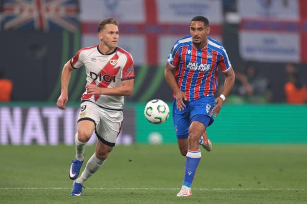Leipzig, Germany, 27th May 2026. Alemao of Rayo Vallecano and Maxence Lacroix of Crystal Palace FC race for the ball during the Crystal Palace vs Rayo Vallecano UEFA Conference League Final match at Leipzig Stadium, Leipzig. Picture credit should read: Jonathan Moscrop Sportimage EDITORIAL USE ONLY. No use with unauthorised audio, video, data, fixture lists, club league logos or live services. Online in-match use limited to 120 images, no video emulation. No use in betting, games or single club league player publications. SPI_004_JM_CPALACE_RVALLECANO_UECL SPI-4824-0004