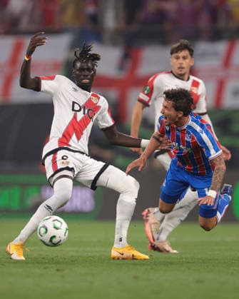 Leipzig, Germany, 27th May 2026. Yeremy Pino of Crystal Palace FC is hacked down by Pathe Ciss of Rayo Vallecano during the Crystal Palace vs Rayo Vallecano UEFA Conference League Final match at Leipzig Stadium, Leipzig. Picture credit should read: Jonathan Moscrop Sportimage EDITORIAL USE ONLY. No use with unauthorised audio, video, data, fixture lists, club league logos or live services. Online in-match use limited to 120 images, no video emulation. No use in betting, games or single club league player publications. SPI_008_JM_CPALACE_RVALLECANO_UECL SPI-4824-0008
