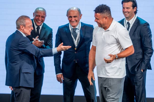 Florentino Perez with Roberto Carlos da Silva Rocha, Jose Martinez Sanchez Pirri, Ronaldo Nazario and Santiago Solari during his presentation of his candidacy for the presidency of Real Madrid CF. May 27, 2026. (20260527705)