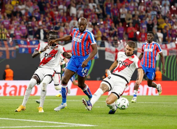 Leipzig, Germany, 27th May 2026. Florian Lejeune of Rayo Vallecano intercepts Jean Philippe Matate of Crystal Palace during the Crystal Palace vs Rayo Vallecano UEFA Conference League Final match at Leipzig Stadium, Leipzig. Picture credit should read: Cody Froggatt Sportimage EDITORIAL USE ONLY. No use with unauthorised audio, video, data, fixture lists, club league logos or live services. Online in-match use limited to 120 images, no video emulation. No use in betting, games or single club league player publications. SPI_068_CF_CRYSTAL_PALACE_V_RAYO_VALLECANO SPI-4827-0068
