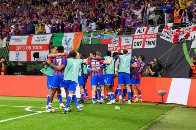 LEIPZIG, GERMANY - MAY 27: Players of Crystal Palace celebrating the opening goal during the UEFA Conference League Final 2025 26 match between Crystal Palace and Rayo Vallecano at Leipzig Stadium in Leipzig, Germany (Photo by Sven Beyrich Sports Press Photo)  Copyright: xSvenxBeyrich SportsxPressxPhotox Sportspressphoto_SPR155651