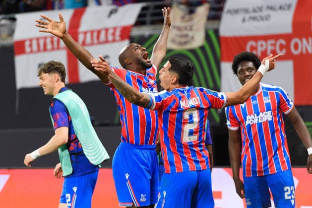 LEIPZIG, GERMANY - MAY 27: Jean-Philippe Mateta (14 Crystal Palace) and Daniel Munoz (2 Crystal Palace) celebrating the opening goal during the UEFA Conference League Final 2025 26 match between Crystal Palace and Rayo Vallecano at Leipzig Stadium in Leipzig, Germany (Photo by Sven Beyrich Sports Press Photo)  Copyright: xSvenxBeyrich SportsxPressxPhotox Sportspressphoto_SPR155653