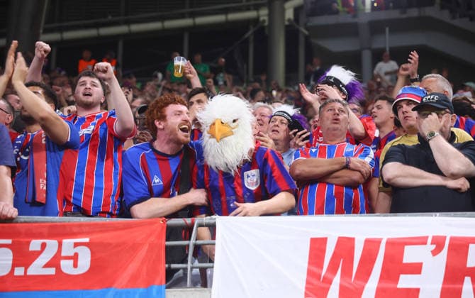 Crystal Palace Rayo Vallecano Final Conference League Leipzig, 27 05 2026, Leipzig Stadium, Football, Final UEFA Conference League , Crystal Palace FC ENG vs Rayo Vallecano de Madrid ESP , In the picture fans of Crystal Palace , For editorial use only , There is no model release declaration of consent with the persons depicted PICTURE POINT assumes no liability for infringement of personal rights , UEFA regulations prohibit any use of photographs as image sequences and or quasi video ,