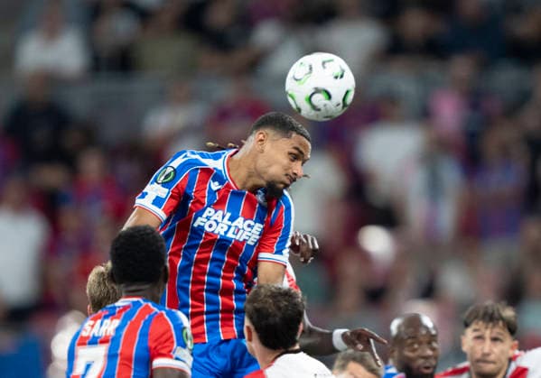 Header by Luiz Felipe Rayo Vallecano, 5 Crystal Palace Rayo Vallecano, Football, Final UEFA Conference League 2026, Leipzig Stadium, Leipzig DFL regulations prohibit any use of photographs as image sequences and or quasi video Copyright: HMBxMedia xMarcoxBader
