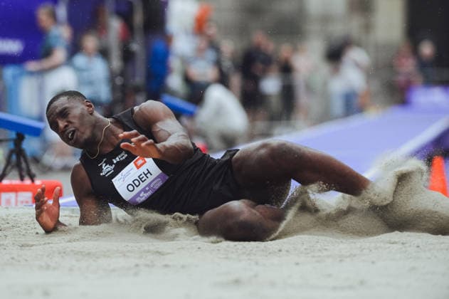 JBL Jump Fest 2026 athletics meeting in Kosice, Slovakia KOSICE, SLOVAKIA - MAY 27: British male athlete Nandi Odeh competes during the JBL Jump Fest 2026 athletics meeting in Koöice, Slovakia, on May 27, 2026. The World Athletics Continental Tour Silver event brings elite international triple jumpers and medal-winning athletes to a specially built Olympic-standard runway in the city center, right in front of the iconic St Elisabeth Cathedral. Robert Nemeti Anadolu Kosice Slovakia. Editorial use only. Please get in touch for any other usage.  Copyright: x2026xAnadoluxRobertxNemetix