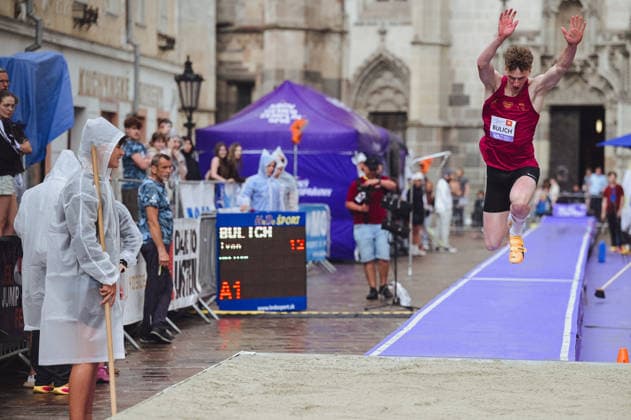 JBL Jump Fest 2026 athletics meeting in Kosice, Slovakia KOSICE, SLOVAKIA - MAY 27: Ukrainian male athlete Ivan Bulich competes during the JBL Jump Fest 2026 athletics meeting in Koöice, Slovakia, on May 27, 2026. The World Athletics Continental Tour Silver event brings elite international triple jumpers and medal-winning athletes to a specially built Olympic-standard runway in the city center, right in front of the iconic St Elisabeth Cathedral. Robert Nemeti Anadolu Kosice Slovakia. Editorial use only. Please get in touch for any other usage.  Copyright: x2026xAnadoluxRobertxNemetix