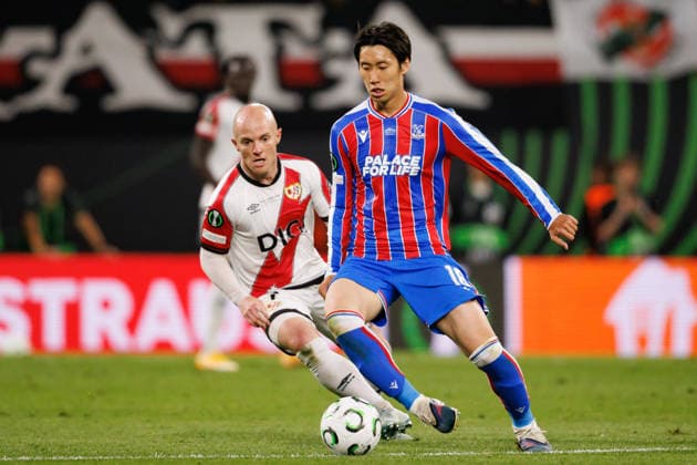 Daichi Kamada and Isi Palazon seen during UEFA Conference League 2026 final game between teams of Crystal Palace FC and Rayo Vallecano de Madrid (Maciej Rogowski Ball Raw Images) Leipzig Red Bull Arena Germany Copyright: xMaciejxRogowskix ROG3_CP_RAY_2526-23