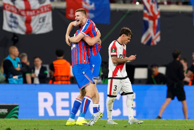 Leipzig, Germany, 27th May 2026. Adam Wharton of Crystal Palace celebrates the win during the Crystal Palace vs Rayo Vallecano UEFA Conference League Final match at Leipzig Stadium, Leipzig. Picture credit should read: Cody Froggatt Sportimage EDITORIAL USE ONLY. No use with unauthorised audio, video, data, fixture lists, club league logos or live services. Online in-match use limited to 120 images, no video emulation. No use in betting, games or single club league player publications. SPI_075_CF_CRYSTAL_PALACE_V_RAYO_VALLECANO SPI-4827-0075