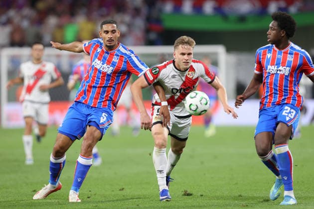 27 05 2026, xtgx, Football UEFA Conference League Final 2026, Crystal Palace Rayo Vallecano v l Maxence Lacroix Crystal Palace Alemao Rayo Vallecano duel, action, action, battle for the ball Jaydee Canvot Crystal Palace UEFA REGULATIONS PROHIBIT ANY USE OF PHOTOGRAPHS as IMAGE SEQUENCES and or QUASI VIDEO Red Bull Arena
