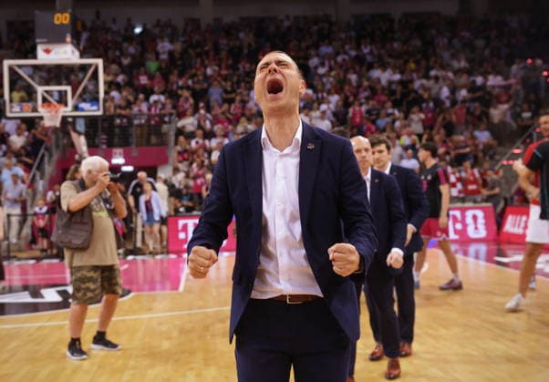 Coach Marko Stankovic Telekom Baskets Bonn celebrating after victory against Fitness First Würzburg Wuerzburg Baskets Playoffs Quarterfinals Game 5 Season 2025 26