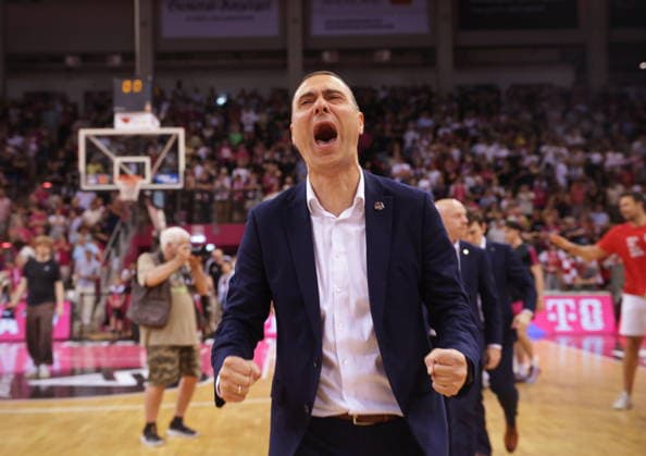 Coach Marko Stankovic Telekom Baskets Bonn celebrating after victory against Fitness First Würzburg Wuerzburg Baskets Playoffs Quarterfinals Game 5 Season 2025 26