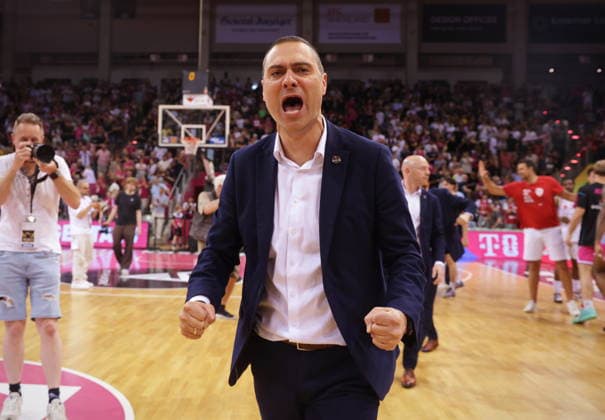 Coach Marko Stankovic Telekom Baskets Bonn celebrating after victory against Fitness First Würzburg Wuerzburg Baskets Playoffs Quarterfinals Game 5 Season 2025 26