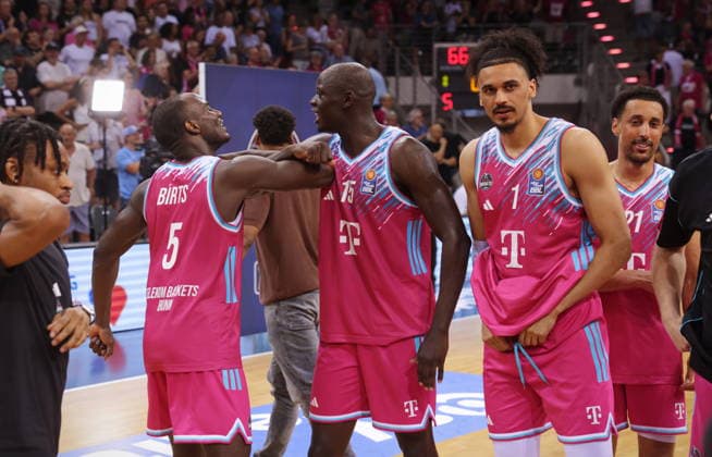 Tylan Birts, Kur Jongkuch Telekom Baskets Bonn celebrating after victory against Fitness First Würzburg Wuerzburg Baskets Playoffs Quarterfinals Game 5 Season 2025 26