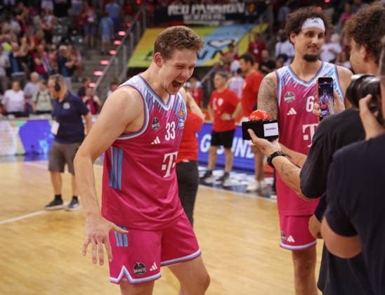 Patrick Heckmann Telekom Baskets Bonn celebrating after victory against Fitness First Würzburg Wuerzburg Baskets Playoffs Quarterfinals Game 5 Season 2025 26
