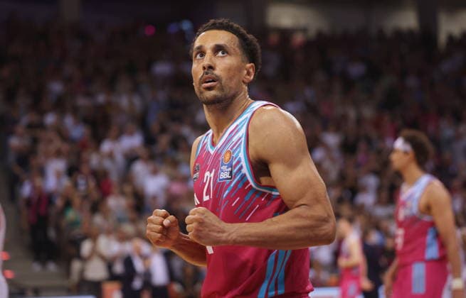 Joel Aminu Telekom Baskets Bonn celebrating after victory against Fitness First Würzburg Wuerzburg Baskets Playoffs Quarterfinals Game 5 Season 2025 26