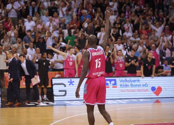 Kur Jongkuch Telekom Baskets Bonn celebrating after victory against Fitness First Würzburg Wuerzburg Baskets Playoffs Quarterfinals Game 5 Season 2025 26