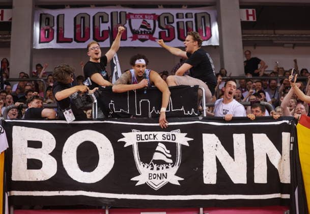 Michael Kessens Telekom Baskets Bonn celebrating after victory against Fitness First Würzburg Wuerzburg Baskets Playoffs Quarterfinals Game 5 Season 2025 26