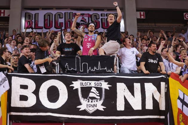 Michael Kessens Telekom Baskets Bonn celebrating after victory against Fitness First Würzburg Wuerzburg Baskets Playoffs Quarterfinals Game 5 Season 2025 26