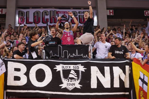 Michael Kessens Telekom Baskets Bonn celebrating after victory against Fitness First Würzburg Wuerzburg Baskets Playoffs Quarterfinals Game 5 Season 2025 26