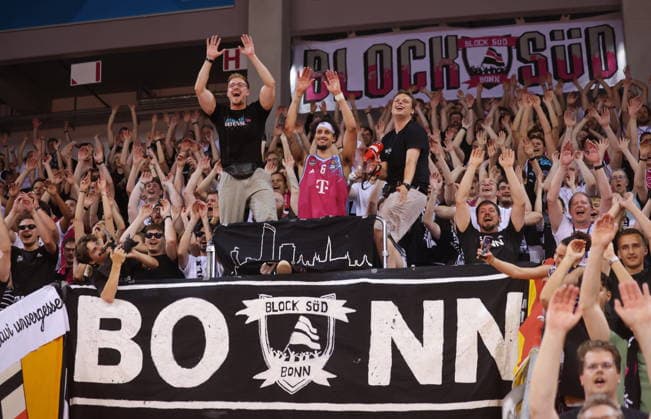 Michael Kessens Telekom Baskets Bonn celebrating after victory against Fitness First Würzburg Wuerzburg Baskets Playoffs Quarterfinals Game 5 Season 2025 26