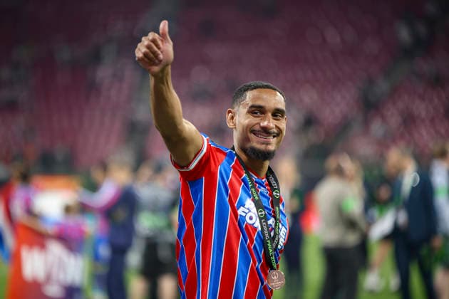 27 05 2026, EUR, Football, Men, Conference League Final, Season 2025 2026, Crytsal Palace F C Rayo Vallecano de Madrid Maxence Lacroix Crystal Palace, 5 gestures, gestures and facial expressions Leipzig Leipzig Stadium Saxony Germany Copyright: xAdrianxSchlüterx