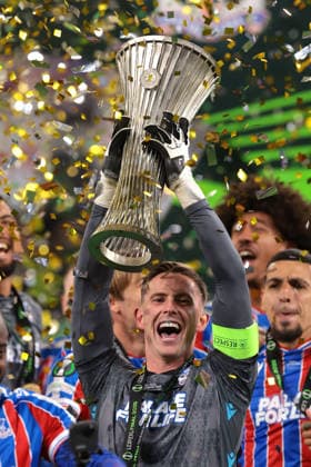 Leipzig, Germany, 27th May 2026. Dean Henderson of Crystal Palace FC celebrates with the trophy following the 1-0 victory in the Crystal Palace vs Rayo Vallecano UEFA Conference League Final match at Leipzig Stadium, Leipzig. Picture credit should read: Jonathan Moscrop Sportimage EDITORIAL USE ONLY. No use with unauthorised audio, video, data, fixture lists, club league logos or live services. Online in-match use limited to 120 images, no video emulation. No use in betting, games or single club league player publications. SPI_012_JM_CPALACE_RVALLECANO_UECL SPI-4824-0016