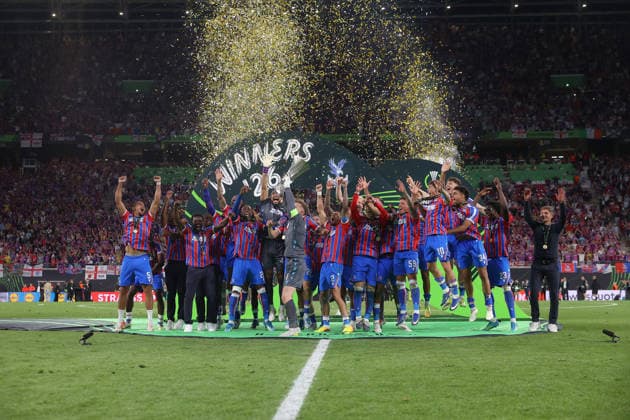 27 05 2026, xtgx, Football UEFA Conference League Final 2026, Crystal Palace Rayo Vallecano v l Winner photo cheering, joy of winning the Conference League UEFA REGULATIONS PROHIBIT ANY USE OF PHOTOGRAPHS as IMAGE SEQUENCES and or QUASI VIDEO Red Bull Arena