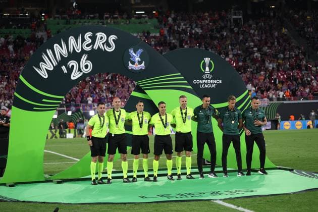 27.05.2026 - SOCCER - 2025-2026 UEFA Conference League final , Crystal Palace vs Rayo Vallecano The referee team is receiving their medals during the official ceremony before the match LEIPZIG Red Bull Arena ,Leipzig Red Bull Arena (Leipzig) Germany
