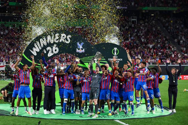 Crystal Palace v Rayo Vallecano, UEFA Conference League Final Palace players Crystal Palace goalkeeper Dean Henderson (1) celebrate winning Crystal Palace Manager Oliver Glasner AUT Crystal Palace forward YÃ remi Pino (10) Crystal Palace defender Maxence Lacroix (5) the Crystal Palace v Rayo Vallecano UEFA Conference League Final match at Red Bull Arena, Leipzig, Germany on 27 May 2026 Credit: Ian Stephen Every Second Media Editorial use only. All images are copyright Every Second Media Limited. No images may be reproduced without prior permission. Copyright: xIMAGO EveryxSecondxMediax ESM-2015-0072 IanxStephenx xEveryxSecondxMediax