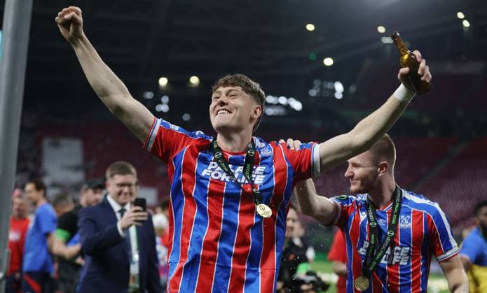 UEFA Conference League Final 2026 - Crystal Palace v Rayo Vallecano LONDON, ENGLAND, MAY 07: Jorgen Strand Larsen of Crystal Palace celebrates after winning the 2026 UEFA Conference League Final during the UEFA Conference League Final 2026 match between Crystal Palace FC v Rayo Vallecano at Red Bull Arena, Leipzig, Germany, on 27 May. (Photo by Daniel Weir) Leipzig Red Bull Arena Germany Copyright: xDanielxWeir SportsxPressxPhotox Sportspressphoto_SPR155840