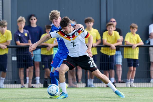 Samuel Kovacik Slovakia and Rafael Pinto Pedrosa Germany battle for the ball, UEFA Under 19 friendly, Slovakia v Germany, MOL Academy on 27 May 2026 in Dunajska Streda, Slovakia Photo by Marco Steinbrenner DeFodi Images Samuel Kovacik Slovakia and Rafael Pinto Pedrosa Germany battle for the ball, UEFA Under 19 friendly, Slovakia v Germany, MOL Academy, May 27, 2026 in Dunajska Streda, Slovakia Photo by Marco Steinbrenner DeFodi Images