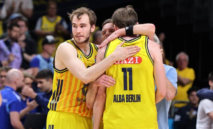 Malte Delow cheers after the end of the game with Martin Hermannsson, Moses Wood Joy Emotion Sport Basketball BBL Bundesliga Mens Play Off Quarter Final 5 Game Season 2025 2026 27 05 2026 ALBA Berlin vs SC Rasta Vechta