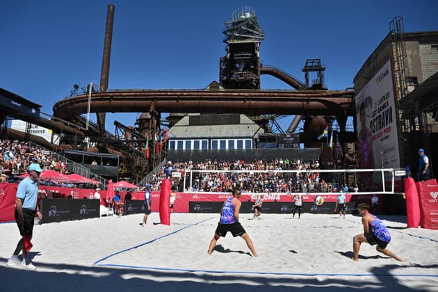 Tadeas Trousil (right), David Schweiner (centre back) of Czech Republic and James Shaw, Miles Partain of USA in action during the match at the Pro Tour, Beach volleyball, Beachvolleyball tournament of Elite category, Ostrava, Czech Republic, May 28, 2026. (CTKxPhoto JaroslavxOzana) CTKPhotoP2026052803315  CTKPhotoP2026052803315