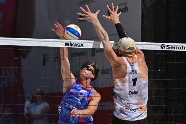 Tadeas Trousil (left), David Schweiner of Czech Republic and James Shaw (right), Miles Partain of USA in action during the match at the Pro Tour, Beach volleyball, Beachvolleyball tournament of Elite category, Ostrava, Czech Republic, May 28, 2026. (CTKxPhoto JaroslavxOzana) CTKPhotoP2026052803392  CTKPhotoP2026052803392