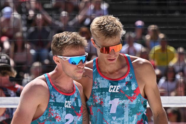 Jacob Holting Nilsson, Elmer Andersson of Sweden and Matyas Dzavoronok (right), Jakub Sepka (left) of Czech Republic in action during the match at the Pro Tour, Beach volleyball, Beachvolleyball tournament of Elite category, Ostrava, Czech Republic, May 28, 2026. (CTKxPhoto JaroslavxOzana) CTKPhotoP2026052804048  CTKPhotoP2026052804048