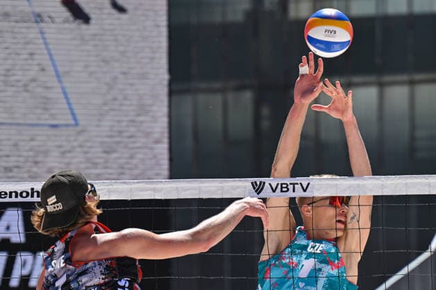 Jacob Holting Nilsson (left), Elmer Andersson of Sweden and Matyas Dzavoronok (right), Jakub Sepka of Czech Republic in action during the match at the Pro Tour, Beach volleyball, Beachvolleyball tournament of Elite category, Ostrava, Czech Republic, May 28, 2026. (CTKxPhoto JaroslavxOzana) CTKPhotoP2026052804060  CTKPhotoP2026052804060