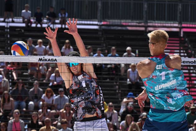 Jacob Holting Nilsson (left), Elmer Andersson of Sweden and Matyas Dzavoronok (right), Jakub Sepka of Czech Republic in action during the match at the Pro Tour, Beach volleyball, Beachvolleyball tournament of Elite category, Ostrava, Czech Republic, May 28, 2026. (CTKxPhoto JaroslavxOzana) CTKPhotoP2026052804062  CTKPhotoP2026052804062
