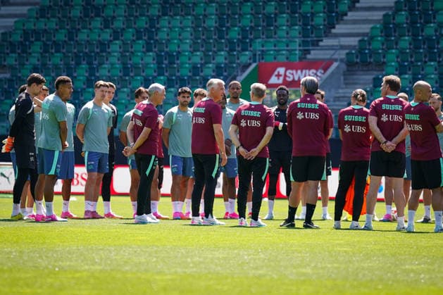 Switzerland Football Swiss national team 2026, Swiss national team training Kybunpark St Gallen Sergio Ermotti Group Chief Executive Officer, UBS Peter Knäbel Central President, Swiss Football Association Murat Yakin Coach, Switzerland Team photo, long shot Copyright: xJOERANxSTEINSIEKx