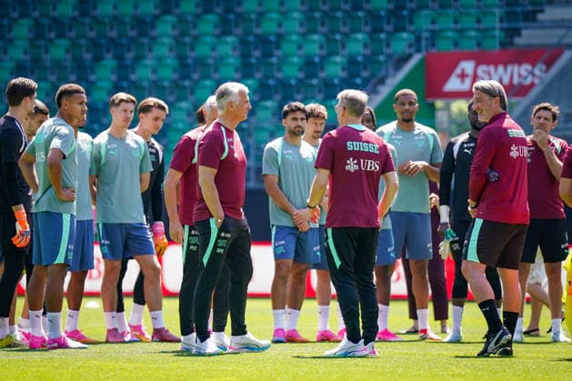 Switzerland Football Swiss national team 2026, Swiss national team training Kybunpark St Gallen Sergio Ermotti Group Chief Executive Officer, UBS Peter Knäbel Central President, Swiss Football Association Murat Yakin Coach, Switzerland Team Copyright: xJOERANxSTEINSIEKx