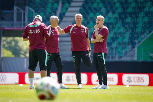 Switzerland Football Swiss national team 2026, Swiss national team training Kybunpark St Gallen Sergio Ermotti Group Chief Executive Officer, UBS Peter Knäbel Central President, Swiss Football Association Pierluigi Tami Director National Teams, Swiss Football Association Copyright: xJOERANxSTEINSIEKx