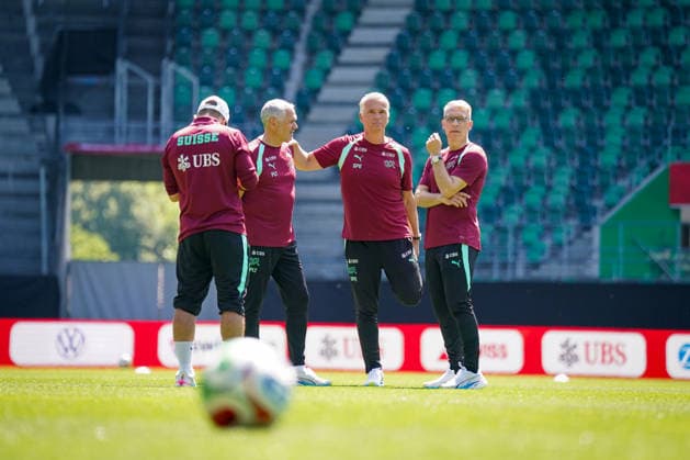 Switzerland Football Swiss national team 2026, Swiss national team training Kybunpark St Gallen Sergio Ermotti Group Chief Executive Officer, UBS Peter Knäbel Central President, Swiss Football Association Pierluigi Tami Director National Teams, Swiss Football Association Copyright: xJOERANxSTEINSIEKx