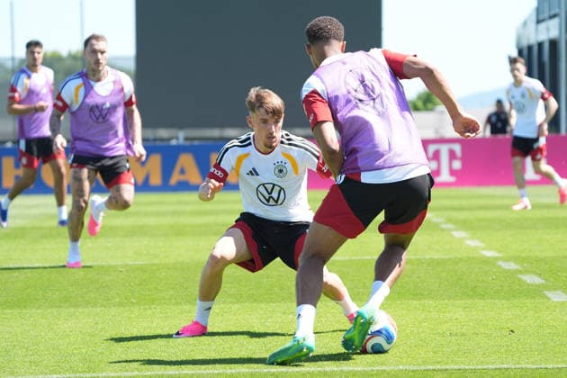 Lennart Karl Germany Germany against Jamie Leweling Germany Germany Germany Herzo Base 28 05 2026 German national team, training camp for World Cup preparation, Home Ground, HerzoBase, World of Adidas, Herzogenaurach