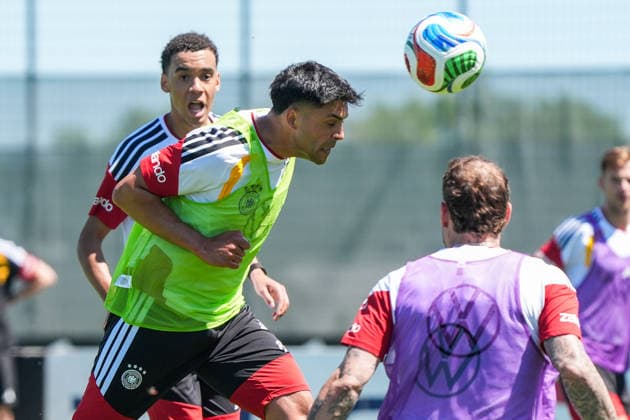 Header defense Nadiem Amiri Germany Germany , Jamal Musiala Germany, Germany amazes Herzo Base 28 05 2026 German national team, training camp for World Cup preparation, Home Ground, HerzoBase, World of Adidas, Herzogenaurach