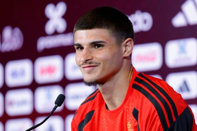 Red Devils press conference, PK, Pressekonferenz TUBIZE, BELGIUM - MAY 28 : Fernandez-Pardo Matias forward of Belgium during a press conference at the Proximus Base Camp prior to the World Cup pictured on May 28, 2026 in Tubize, Belgium, 28-05-26 Tubize Belgium  Copyright: xXpix
