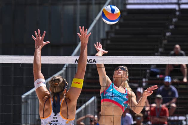 Katja Stam (left), Raisa Schoon of Netherlands and Valerie Dvornikova (right), Veronika Kleiblova of Czech Republic in action during the match at the Pro Tour, Beach volleyball, Beachvolleyball tournament of Elite category, Ostrava, Czech Republic, May 28, 2026. (CTKxPhoto JaroslavxOzana) CTKPhotoP2026052804957  CTKPhotoP2026052804957